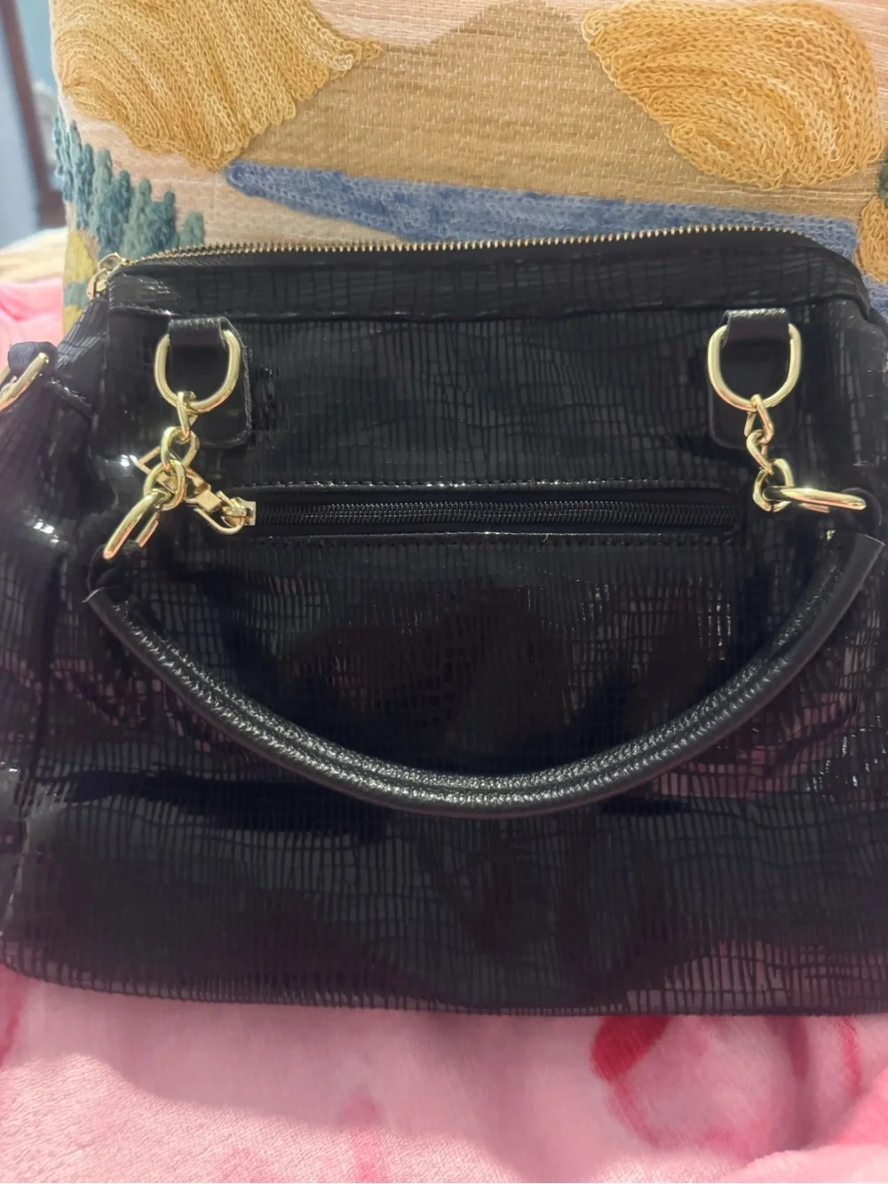 Black Sequin Patent Leather Satchel Handbag